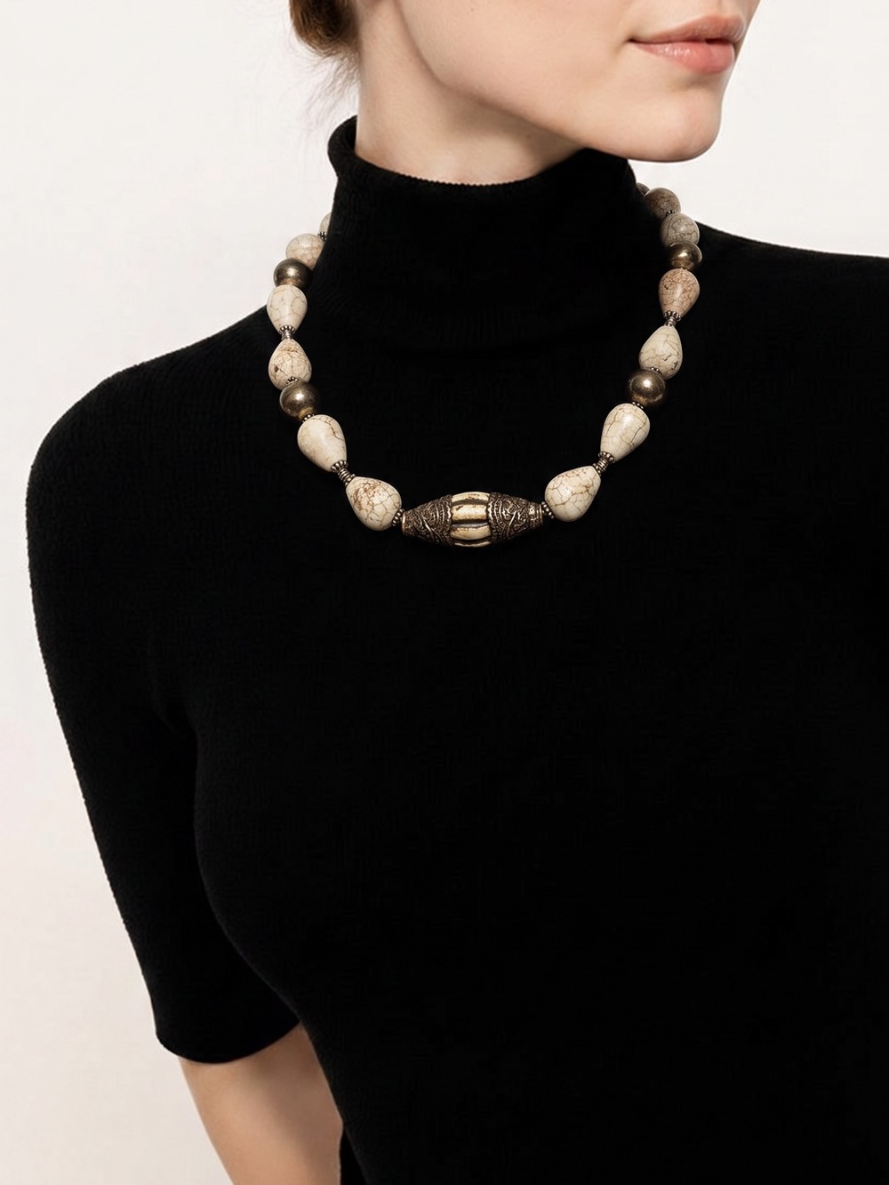 Beaded Statement Necklace in Ivory and Antique Gold